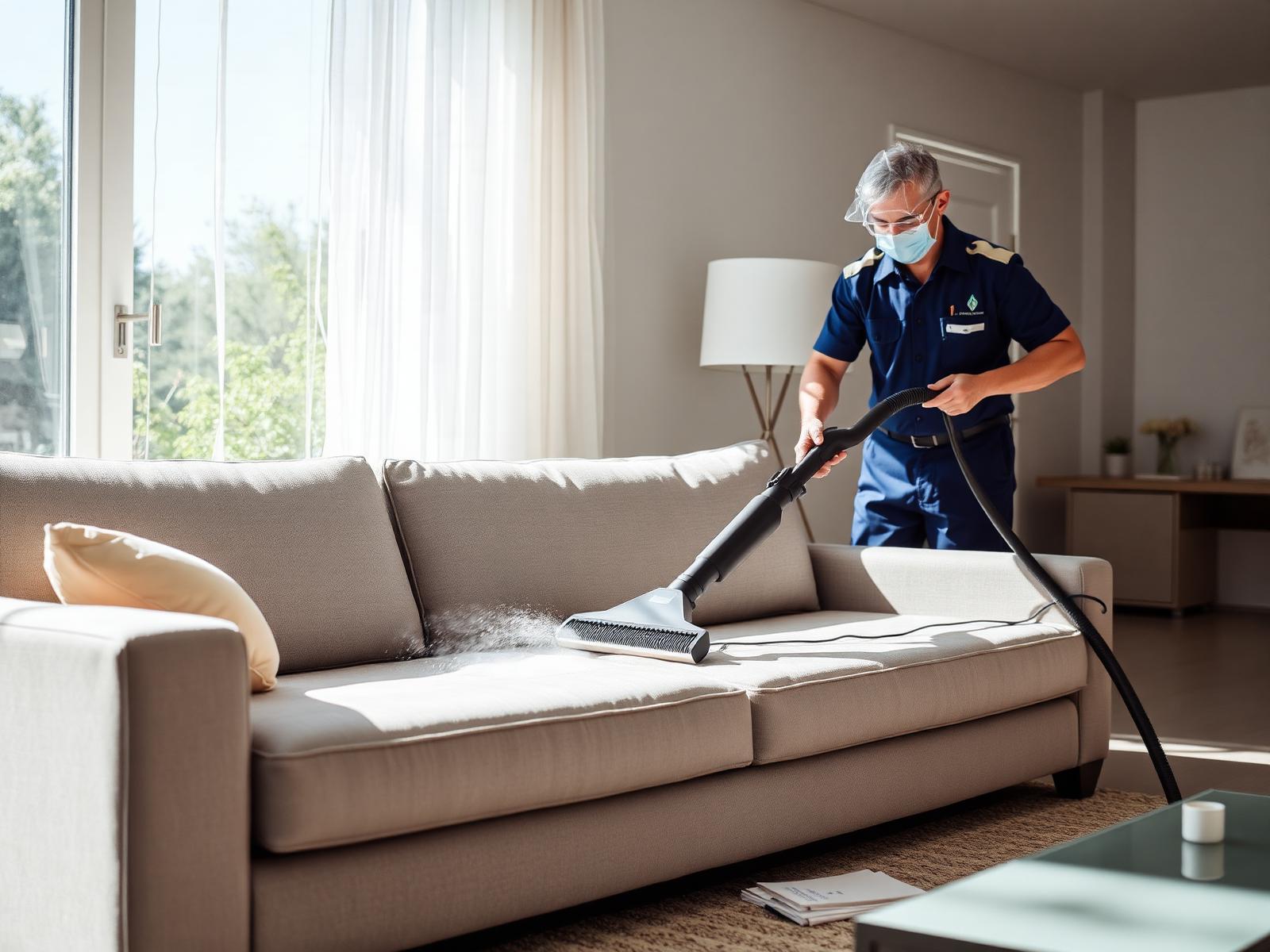 Profissional da Super Clean SJ higienizando um sofá